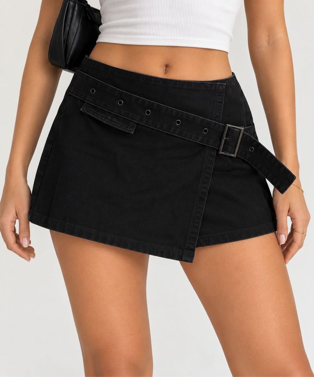 Princess Polly Size 6 Black Belted Wrap Mini Skort Y2K Utility Skirt
